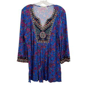 Soft Surroundings Tamuri Tunic Blue Paisley Floral Embroidered Boho Size Medium